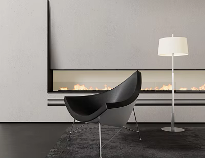 Black Modern Accent Chair In Living Room With Fireplace Flames And Floor Lamp On Rug 3d model