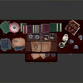 Red Wooden Desk With Stacked Books Open Book Colorful Stationery And Lamp