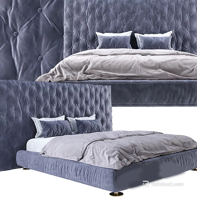 Elegant Velvet Double Bed With Tufted Headboard And Gray Bedding 3d model 