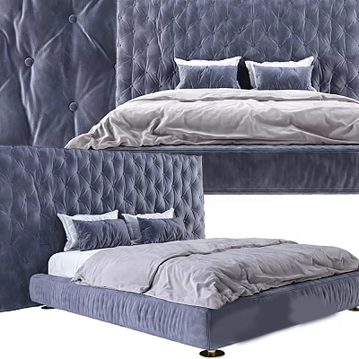 Elegant Velvet Double Bed With Tufted Headboard And Gray Bedding 3d model