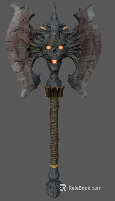 Mythical Ornate Weapon With Bat Like Wings Glowing Orange Core And Wrapped Wooden Handle 3d model 