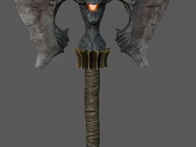 Mythical Ornate Weapon With Bat Like Wings Glowing Orange Core And Wrapped Wooden Handle 3d model