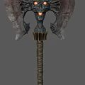 Mythical Ornate Weapon With Bat Like Wings Glowing Orange Core And Wrapped Wooden Handle