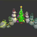 Festive Christmas Scene With Green Tree Star Balls And Snowmen In Hats Scarves With Lights
