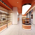 Sweet Dessert Shop With Glass Display Case Pastries Orange Walls And Bright Lighting