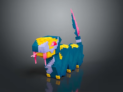 Pixel Style Game Character With Blue Yellow Pink Reptilian Cat Body Open Mouth Sharp Teeth 3d model