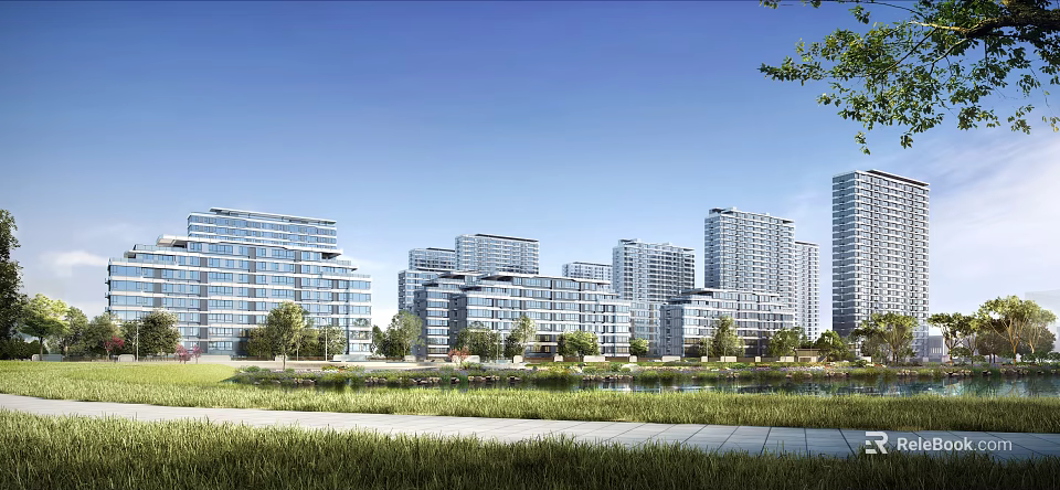 Modern High Rise Residential Buildings With Green Lawns Trees And Waterfront Scenic View 3d model 