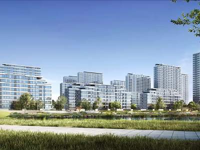 Modern High Rise Residential Buildings With Green Lawns Trees And Waterfront Scenic View 3d model