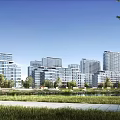 Modern High Rise Residential Buildings With Green Lawns Trees And Waterfront Scenic View