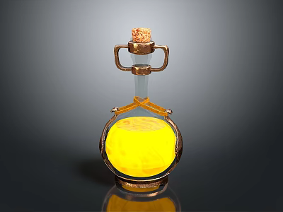 Artistic Glass Bottle Sculpture With Golden Metal Frame And Yellow Liquid Cork Stopper 3d model
