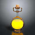 Artistic Glass Bottle Sculpture With Golden Metal Frame And Yellow Liquid Cork Stopper