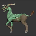 Mythical Fantasy Beast Standing Pose With Green Body Antlers Red Tail And Scaled Design