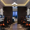 Modern Comfortable Internet Cafe Interior With Computers Office Chairs And Pendant Lights 3d model