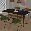 Modern Dining Table Set With Black Tabletop Four Green Seats Wall Art And Pendant Lights