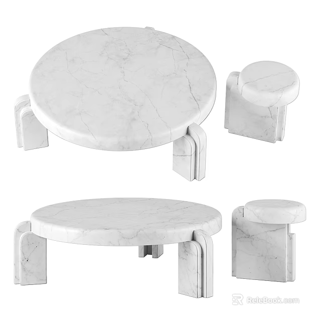 White Marble Round Table And Stools With Sleek Modern Design For Home 3d model