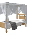 Simple Wooden Single Bed with White Mosquito Net and Gray Striped Blanket
