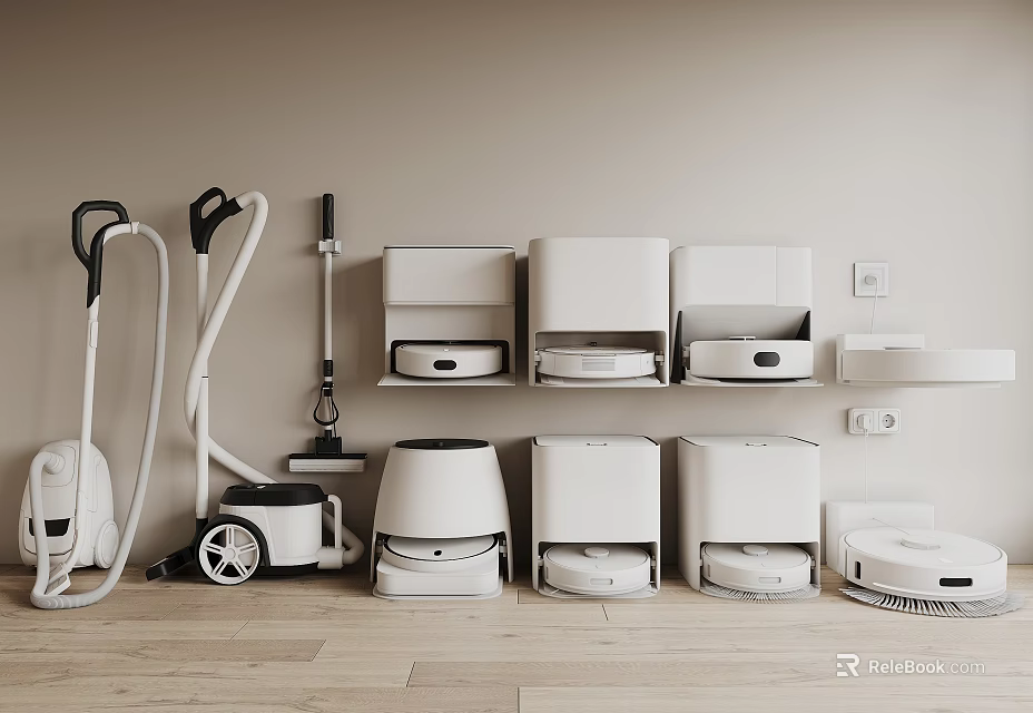 Modern Household Cleaning Appliances Vacuum Cleaners Robotic Vacuums Displayed In Organized Home 3d model 