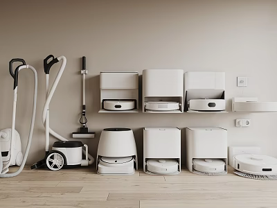 Modern Household Cleaning Appliances Vacuum Cleaners Robotic Vacuums Displayed In Organized Home 3d model