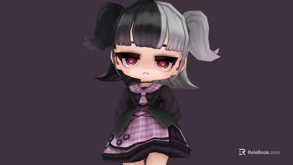 Cute Anime Character With Black And White Pigtails Red Eyes And Purple Plaid Skirt 3d model 