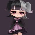 Cute Anime Character With Black And White Pigtails Red Eyes And Purple Plaid Skirt