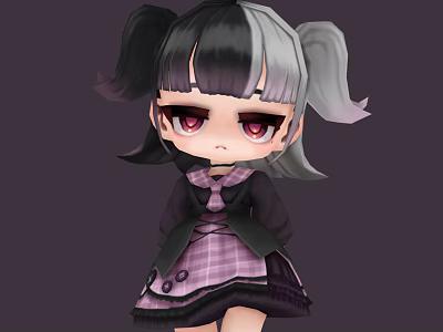 Cute Anime Character With Black And White Pigtails Red Eyes And Purple Plaid Skirt 3d model