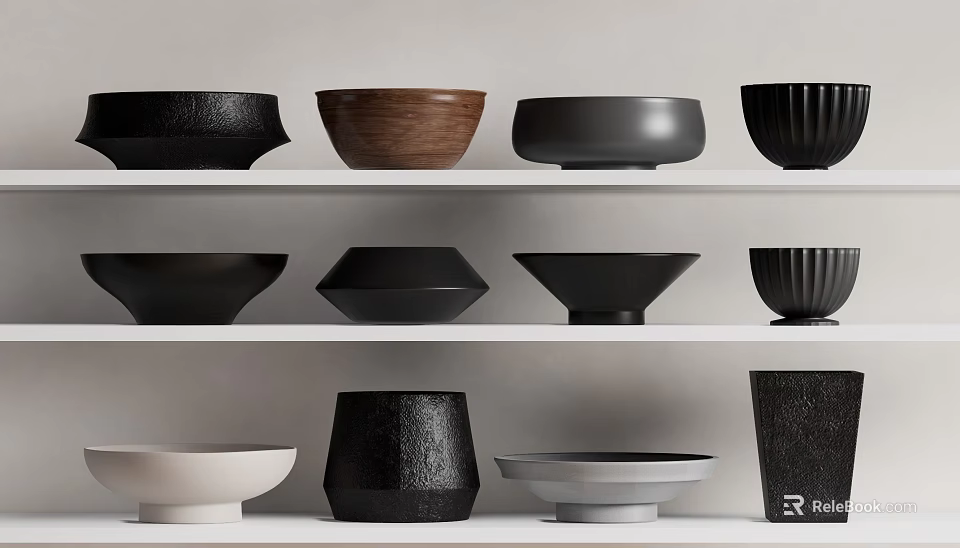 Modern Ceramic Vessels in Various Shapes and Neutral Tones Arranged on Shelves 3d model 