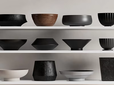 Modern Ceramic Vessels in Various Shapes and Neutral Tones Arranged on Shelves 3d model