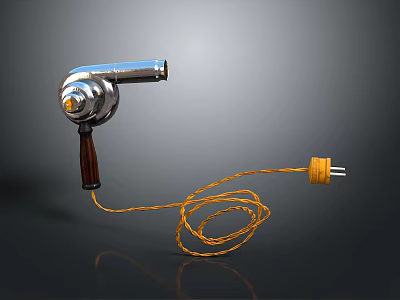 Silver Electronic Hair Dryer With Wooden Handle And Orange Power Cord 3d model