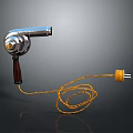 Silver Electronic Hair Dryer With Wooden Handle And Orange Power Cord