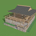Wooden Pergola With Dark Roof Stone Wall Railings And Outdoor Greenery Relaxation Area