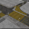 Road Facilities At Urban Crossroad With Yellow Striped Zebra Crossing Traffic Lights And Street Lamps