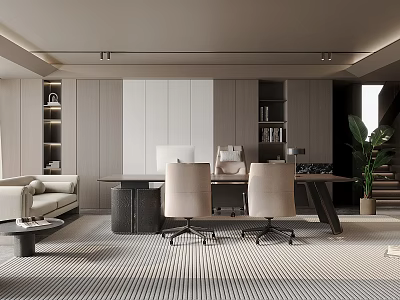 Modern Open Office Interior With Minimalist Desk Sofa Bookshelves And Plants 3d model