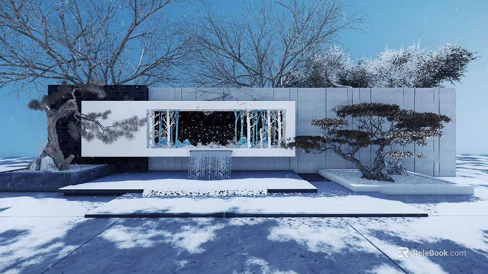 Modern Feature Wall With Snowy Ground And Trees In Contemporary Garden Design 3d model 