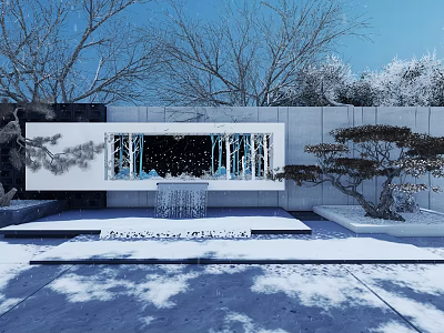Modern Feature Wall With Snowy Ground And Trees In Contemporary Garden Design 3d model