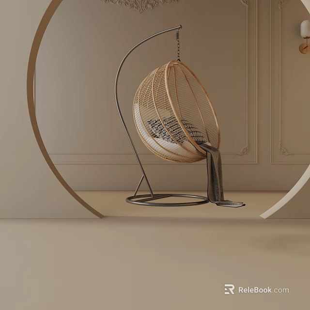 Modern Woven Rattan Hanging Leisure Chair With Metal Frame And Comfortable Cushion 3d model 