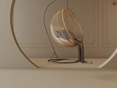 Modern Woven Rattan Hanging Leisure Chair With Metal Frame And Comfortable Cushion 3d model