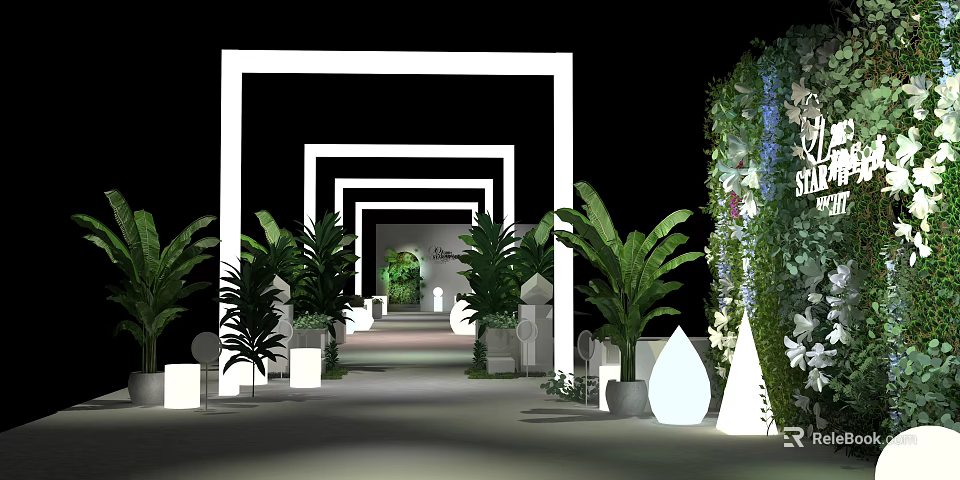 Elegant Event Passage With White Square Frames Green Plants And Decorative Teardrop Shapes 3d model 