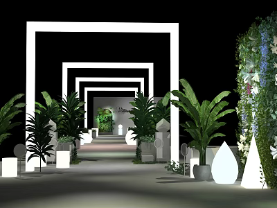 Elegant Event Passage With White Square Frames Green Plants And Decorative Teardrop Shapes 3d model