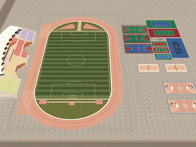 Sports Fitness Stadium With Football Field Running Track Grandstand And Multi Sport Courts 3d model