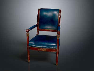 Elegant Classic Armchair With Blue Leather Upholstery Wooden Frame And Gold Accents 3d model