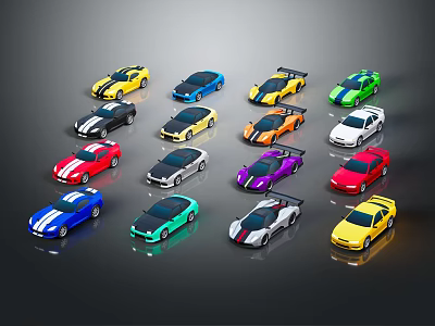 Various Colored Car Models Displayed in Rows with Different Styles and Designs 3d model