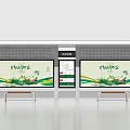 Modern Bus Stop Shelter With Benches And Green Theme Billboards