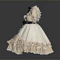 Beige Navy Blue Dress With Ruffled Skirt Black Bow Accents Stand Collar And Long Sleeves