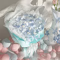 Blue And White Flower Bouquet With Light Blue Wrapping White Lace Pink Roses And Balloons