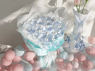 Blue And White Flower Bouquet With Light Blue Wrapping White Lace Pink Roses And Balloons 3d model