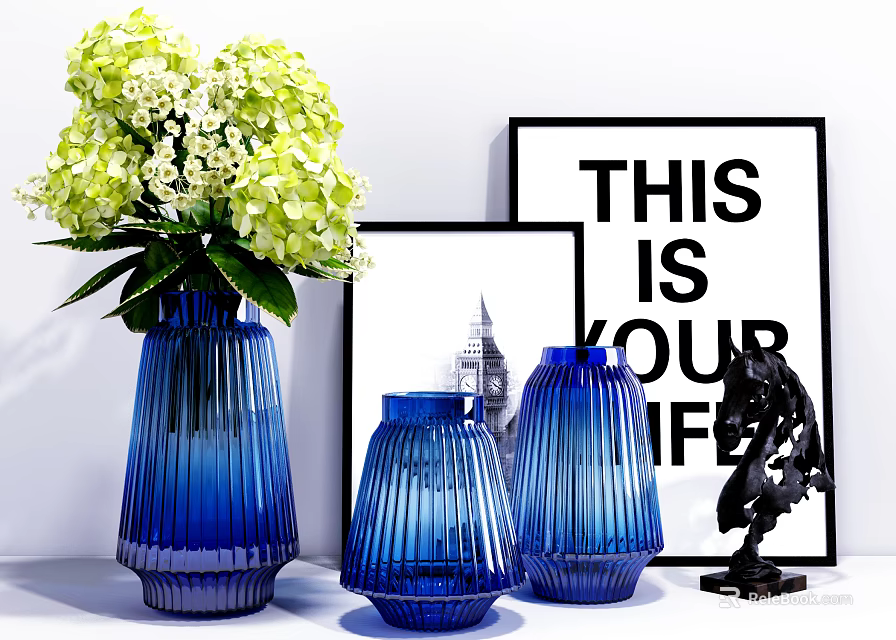 Green and White Flowers in Blue Striped Vases with Decorative Frames and Sculpture 3d model 
