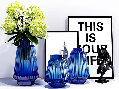 Green and White Flowers in Blue Striped Vases with Decorative Frames and Sculpture 3d model