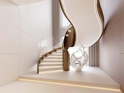 Elegant Modern Luxury Staircase Interior Design With Curved Wooden Steps Glass Railings And Lighting 3d model