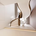 Elegant Modern Luxury Staircase Interior Design With Curved Wooden Steps Glass Railings And Lighting