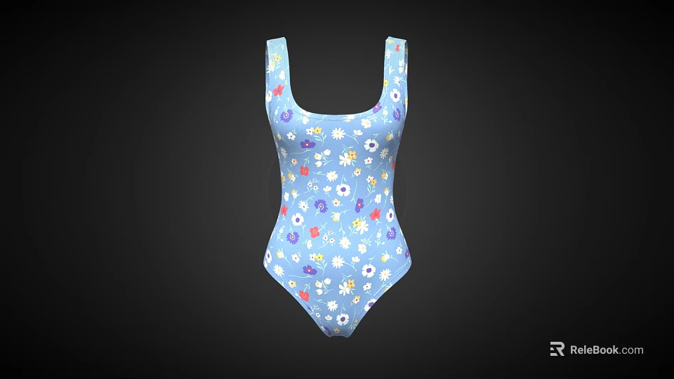 Blue One Piece Swimsuit With Colorful Floral Pattern And Square Neck Design 3d model 